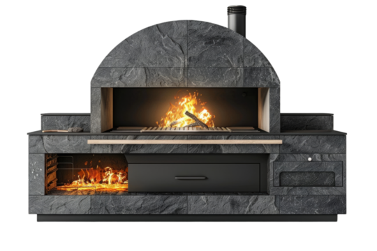 Modern stone pizza oven with firewood storage and active flame isolated on transparent background. Sleek outdoor cooking and entertaining concept