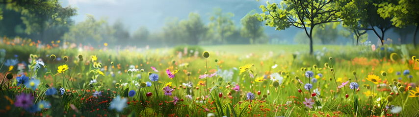 Spring landscape panorama with flowering flowers on meadow background - Ai Generated