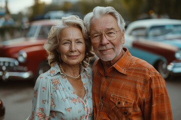 An elegant elderly couple embraces each other, dressed in stylish clothes, with a classic red car in the background