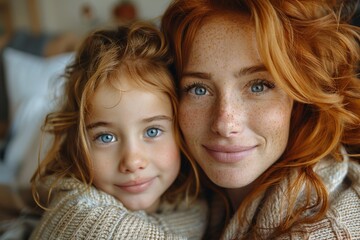 A closeup portrait of a smiling redheaded mother and her young daughter with blue eyes and freckles - obrazy, fototapety, plakaty