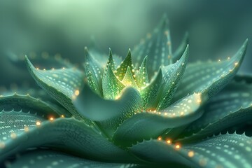 Striking close-up of a succulent Aloe Vera plant with luminous points on its spiked green leaves