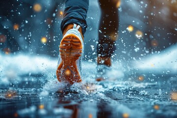 A motion-filled image of an orange sole making contact with a wet surface, splashing water drops around - obrazy, fototapety, plakaty