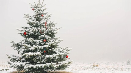 Winter Wonderland: Snow-Covered Christmas Tree with Red Baubles