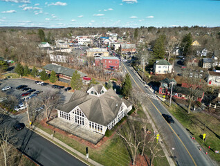 aerial view of main street in new paltz, new york (college university town) hudson valley, near shawangunk ridge, travel tourism destination small village (campus, restaurants, bars, downtown)