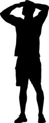 Silhouette of a man with raised hand on a white background