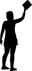 Silhouette of a woman with raised hand on a white background