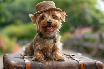 A contemplative brown dog wearing a straw hat seated on a classic leather suitcase in a garden setting, evoking wanderlust - obrazy, fototapety, plakaty