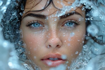 A young woman's face close-up covered with clear water droplets against a blue background