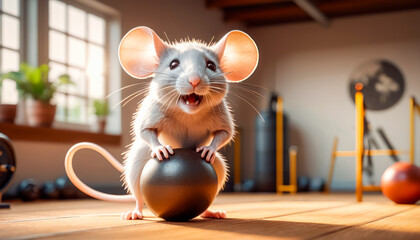 Cheerful, positive cute little mouse playing sports in the gym, working out