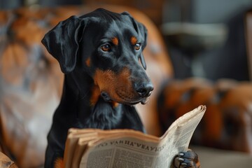 A Doberman Pinscher dog appears to read a newspaper, showcasing intelligence or training