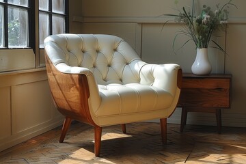 A classic mid-century style white armchair placed by a window in a room with natural light