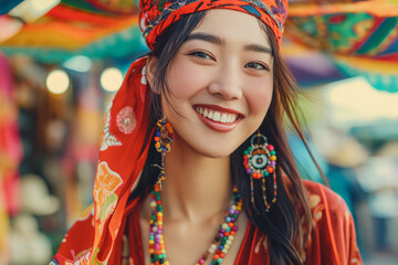 A cheerful Asian woman in a bohemian-inspired outfit, adorned with colorful accessories, smiling brightly with a carefree spirit.