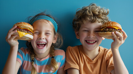 A pair of excited kids, a girl with a headband and a boy with a playful expression, holding up their cheeseburgers happily. - obrazy, fototapety, plakaty