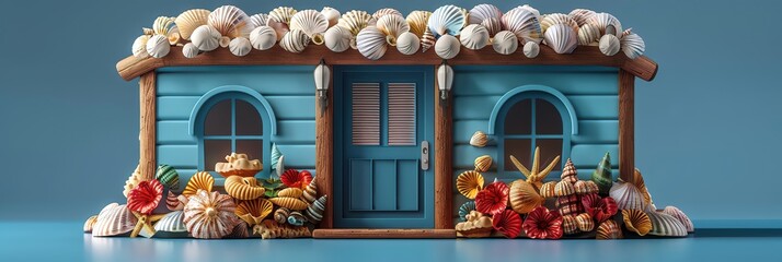 A colorful mosaic house, adorned with discarded seashells, its shimmering exterior reflecting the vibrant hues of the ocean - obrazy, fototapety, plakaty