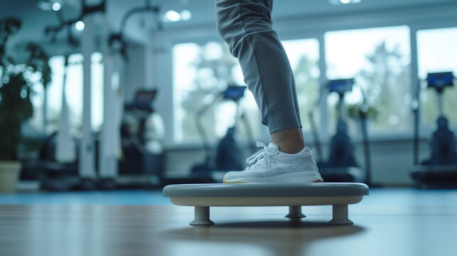 A patient stands on a wobble board in a bright gym, focusing intensely to improve stability and prevent falls.