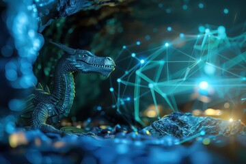 A cunning dragon hoarded a vast trove of Bitcoin, its digital wealth rivaling the riches of its physical lair - obrazy, fototapety, plakaty