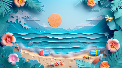 
Generate a modern illustration depicting a scenic sea view with vibrant blue water in the background and a sandy beach in the foreground, water guns, and inflatable floats set up along the shore, cre