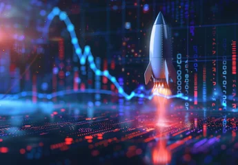 Fotobehang Rocket launching amidst a dark cyberspace backdrop symbolizes the upward trajectory of a successful business startup, reflecting financial growth and achievement in the realm of technology and innovat © Nicat
