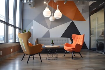 : Modern office with a statement light fixture, geometric wall decals, and colorful accent chairs.