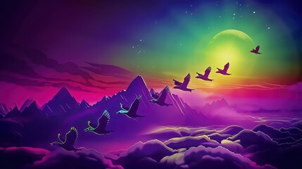 A flock of migratory birds, their wings outstretched in a majestic Vformation, soar high above the clouds, their journey guided by the stars and an innate sense of wanderlust - obrazy, fototapety, plakaty