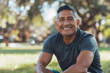 Portrait of successful mature adult hispanic man during jogging and jogging active physical exercise resting in park sitting on grass smiling and looking at camera, Generative AI