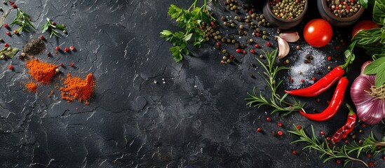 Spices, herbs, and vegetables for cooking, displayed on a black slate table. Top-down view with space for text. - Powered by Adobe