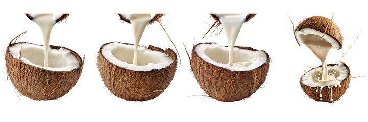 Set of a Coconut milk is poured from top to bottom into the coconut itself, on a ,transparent background