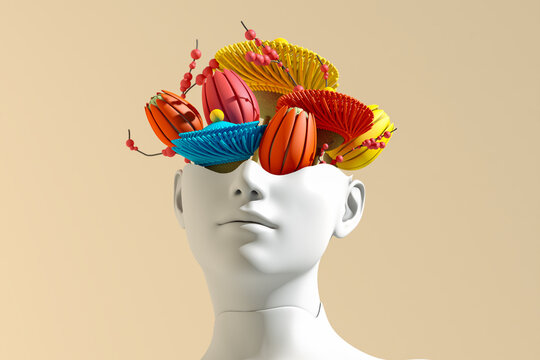 Mannequin Head Adorned With Colorful Spring Flowers