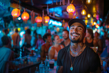 hispanic handsome guy with a black shirt and a black hat is smiling at the camera, surrounded by people in a bar