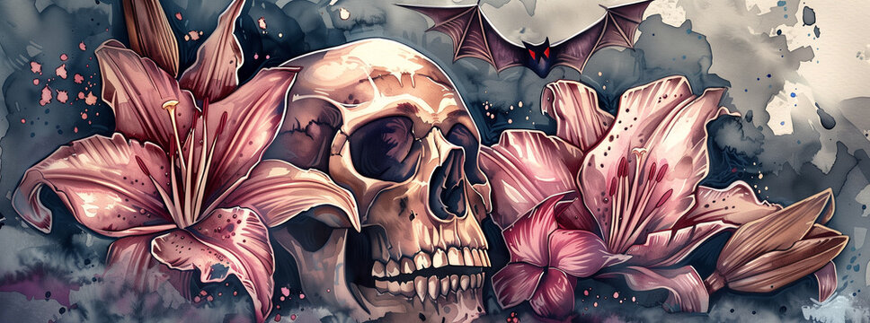 Skull and Lilies with Bat Illustration
