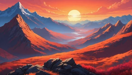 Türaufkleber Illustration of mountain top view with sunrise light, featuring vibrant orange and red shades. © xKas