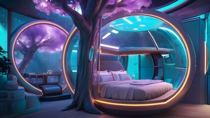  Futuristic Bedroom with Nature View in a Sci-Fi Setting.