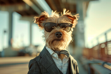 Stylish little dog wearing a suit and sunglasses, posing like a supermodel