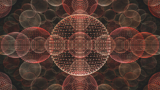 A spherical fractal with small white and red spheres.
