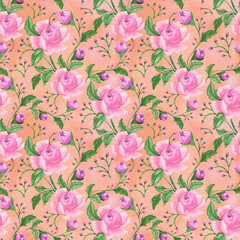 Seamless watercolor floral pattern with pink peonies on peach color background
