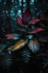 Colorful leaves on dark background with bokeh effect. Toned.