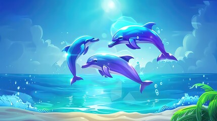 A pod of dolphins, their sleek bodies glistening in the sunlight, leap and frolic amidst the waves, their joyful whistles echoing across the vast expanse of the sea