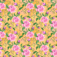 Seamless watercolor floral pattern with pink peonies on yellow color background