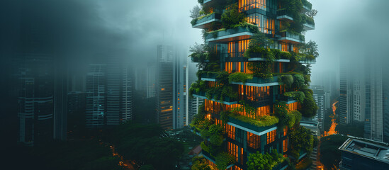 aerial view building with vertical facade garden, concept of eco-friendly skyscraper 