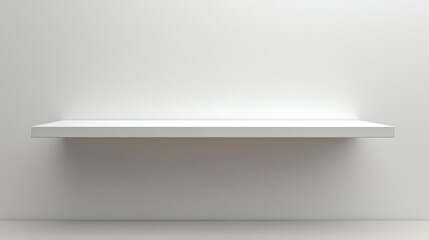 A simple 3D rendering of a white floating shelf on a white wall. The shelf is empty and can be used to display any product or object.