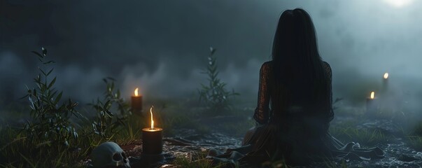 3d witch with long black hair sits on the ground in front of a black candle and a black skull. - obrazy, fototapety, plakaty