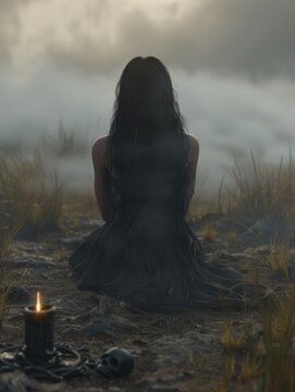 3d witch with long black hair sits on the ground in front of a black candle and a black skull.