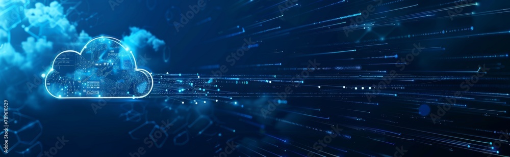 Poster digital technology banner with cloud symbol on blue background digital tech concept for online servi