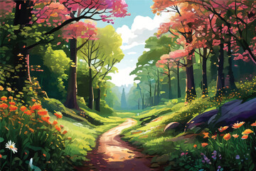 Beautiful spring morning in the park. Blooming spring land sniffing background nature landscape. A road through Beautiful spring park.  - obrazy, fototapety, plakaty