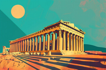 Parthenon, Athens Greece. contemporary style minimalist artwork collage illustration. Generative AI