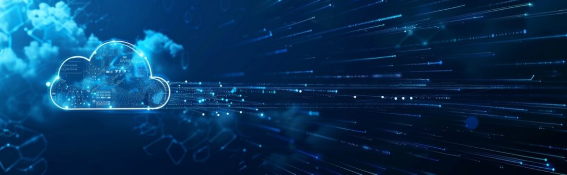 Digital technology banner with cloud symbol on blue background digital tech concept for online service and data storage web site design template with copy space area Generative AI