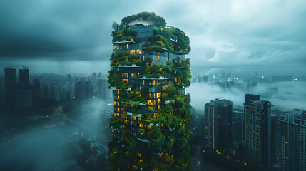 Eco-friendly building with vertical gardens amidst pollution, concept of urban oasis
