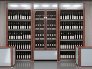 Wine cabinets in a store interior with wine bottles with blank labels. 3d illustration set