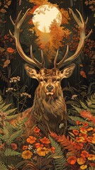 Regal stag with large antlers sun dappled clearing ferns wildflowers Vintage illustration warm autumn colors detailed intricate
