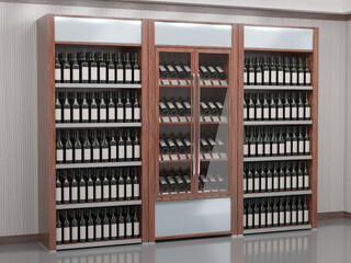 Wooden lighted wine cabinets with wine bottles with blank labels. 3d illustration